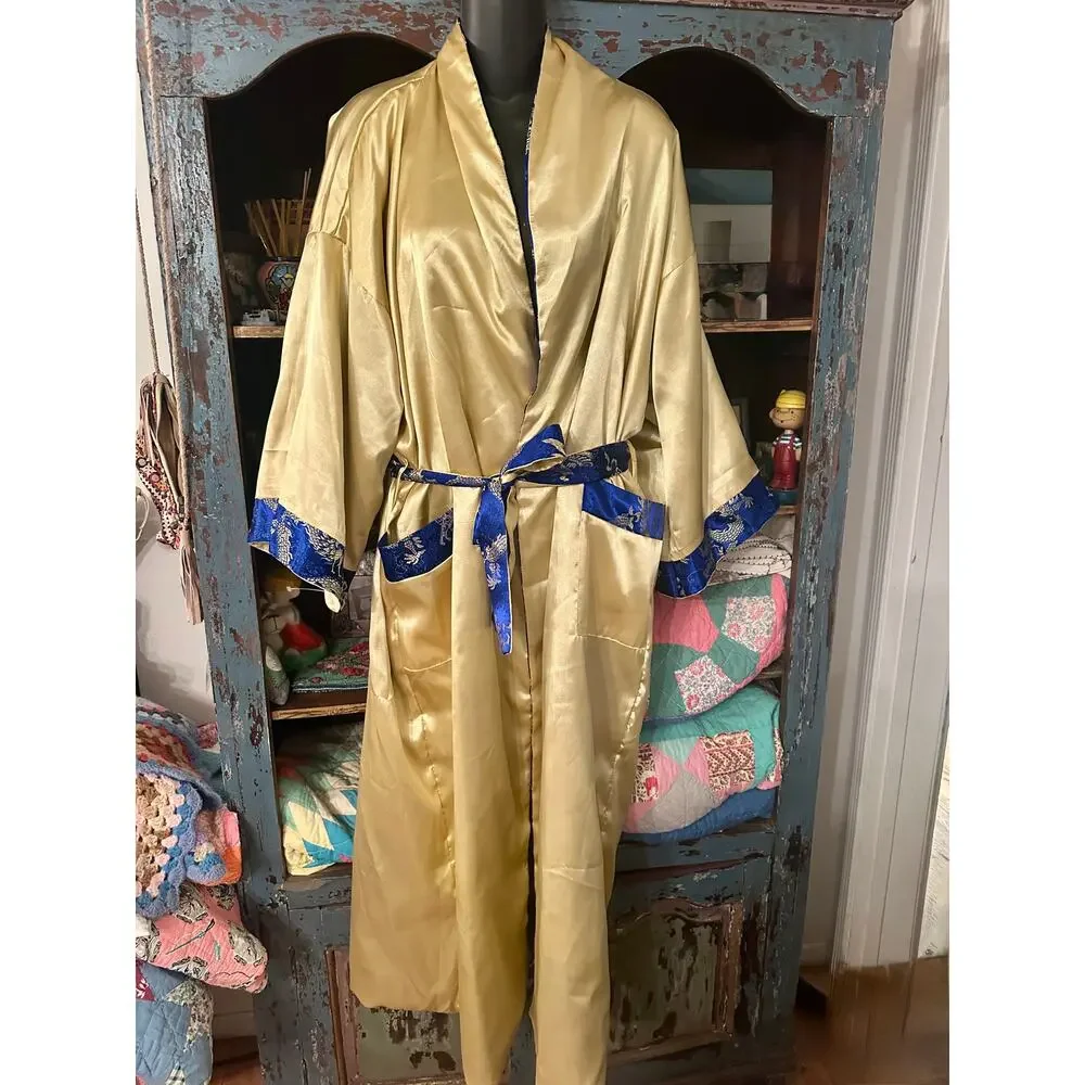 FULLY REVERSIBLE BLUE GOLD METALLIC DRAGON & PHOENIX (LONGFENG) CHINESE ROBE